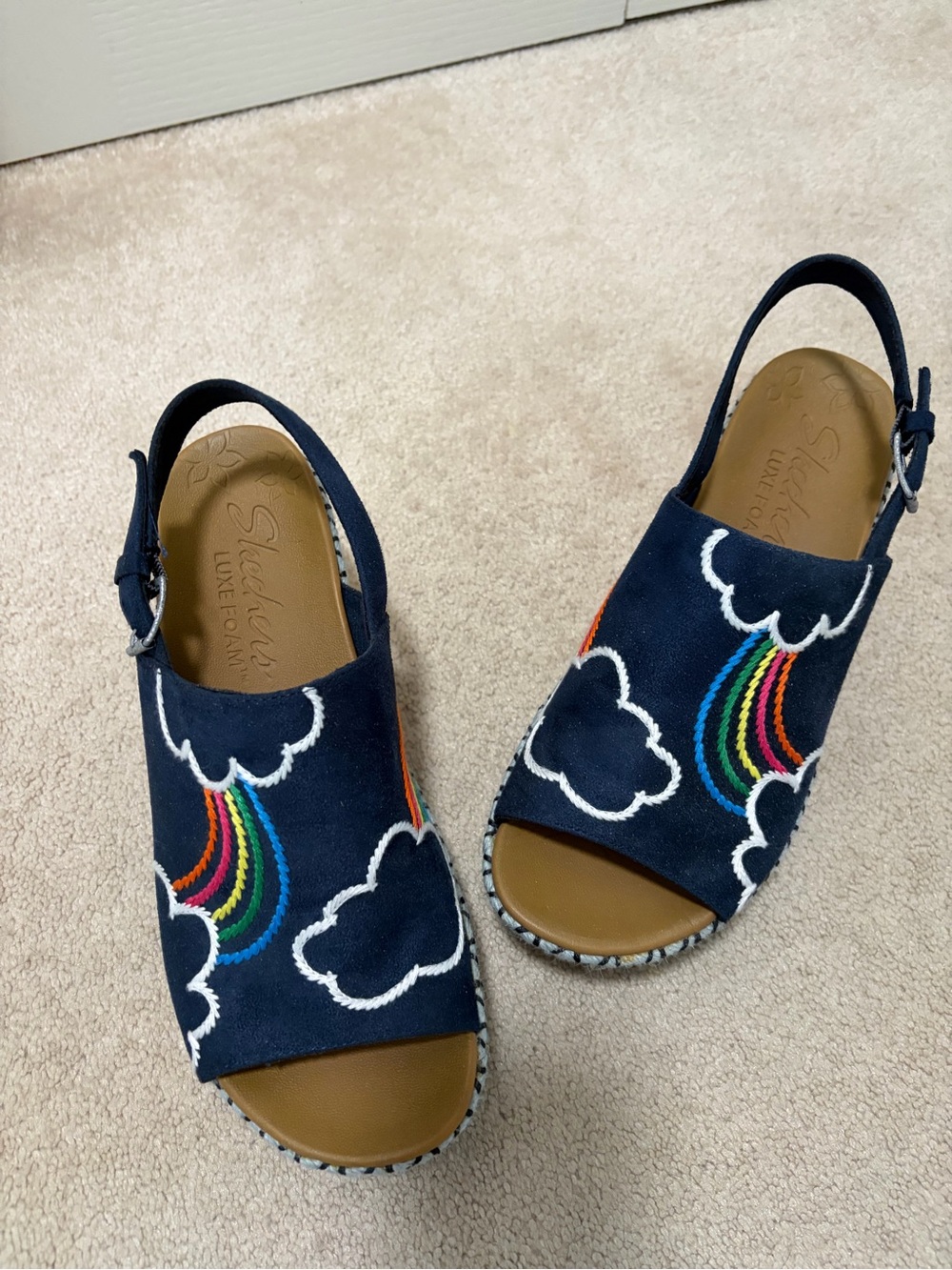 Skechers Navy Suede Wedge Sandals with Rainbow Cloud Embroidery